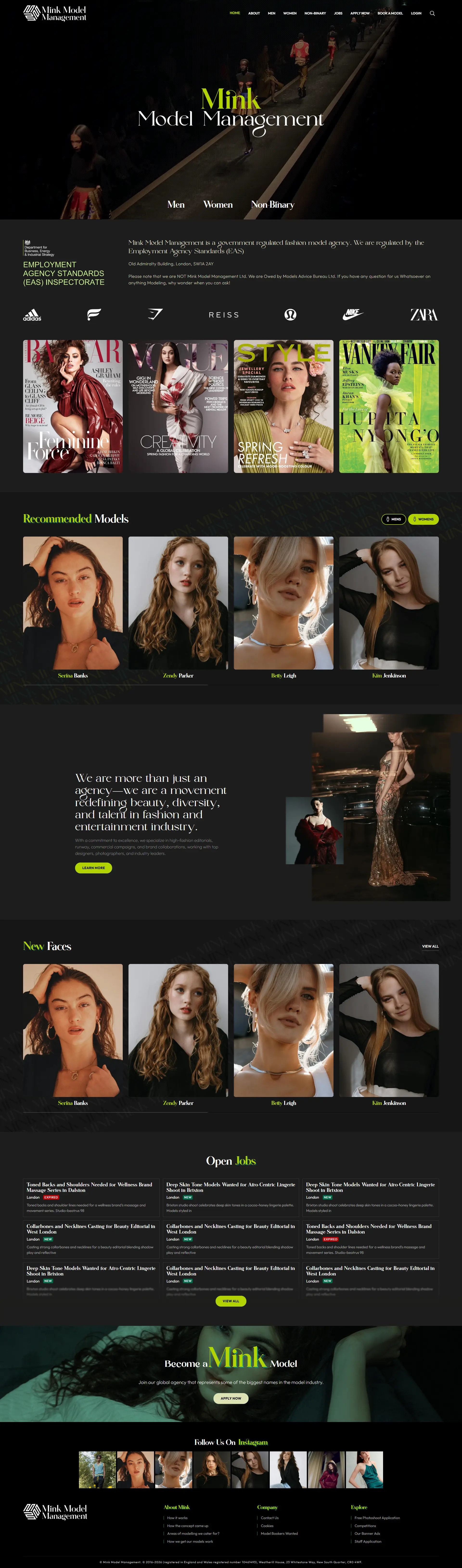Mink Model Management landing page